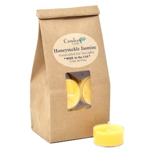 Honeysuckle Jasmine Soy Tea Lights, Clear Cup Candle, Burns 5+ Hours Each