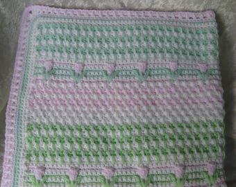 Pink, White and Baby Green Tulip Hand Crocheted Baby Blanket/Baby Afghan/Crib Blanket