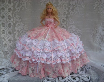 OOAK Pink and White Hand Crocheted Barbie "Princess" Bed Pillow Doll  with Lace and Swarovski Crystals