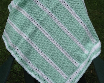 Hand Crocheted Baby Blanket Afghan in Green and White