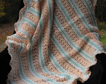 SALE!!! Peach, Baby Green and White Hand Crocheted Filigree Baby Afghan/Baby Crib Blanket