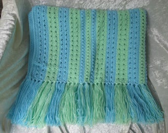 Blue and Green Fringed Hand Crocheted Baby Blanket/Afghan