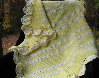 Yellow and White Hand Crocheted Baby Afghan/Crib Blanket with Heart Edging