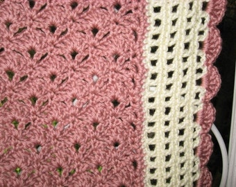 Hand Crocheted  Victorian Rose and Off White Open Work Afghan