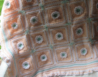 Peach, White and Baby Green Hand Crocheted Flower Baby Blanket/Baby Afghan/Crib Blanket