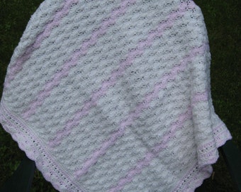 White and Pink Hand Crocheted Baby Afghan Blanket