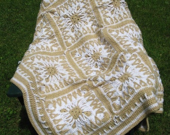 REDUCED!!!  Heavier "Winter Weight" Tan and Ivory Celtic Square Hand Crocheted Afghan