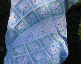 Hand Crocheted Blue White and Green Granny Square Baby Blanket Afghan