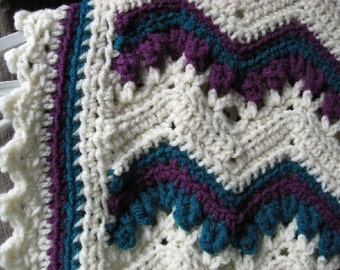 REDUCED***  Hand Crocheted Extra Long Off White, Teal and Purple Ripple Afghan