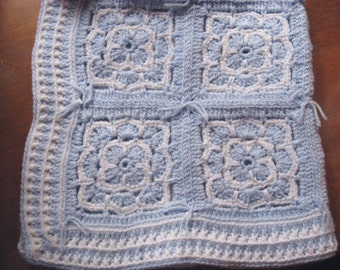 Hand Crocheted Blue and White Granny Square Baby Afghan Blanket