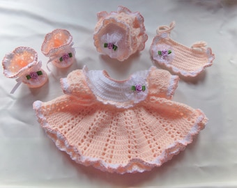 Peach and White Hand Crocheted Baby Dress, Bonnet, Booties and Bib 0 to 3 Months