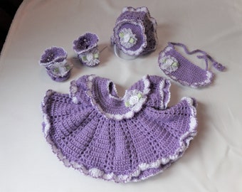 Dusty Lilac and White Hand Crocheted Baby Dress, Bonnet, Booties and Bib Newborn