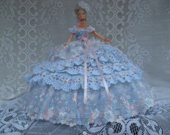 SALE!  OOAK Blue, Pink and White Hand Crochet and Imported Lace Barbie Bed Pillow Doll