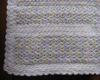 White and Yellow Lavender Aqua White Variegated Hand Crocheted Baby Blanket Afghan