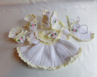 White and Yellow Crocheted Baby Dress Bonnet Booties and Bib 0 to 3 Mos.