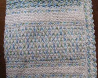 White and Blue Green White Variegated Hand Crocheted Baby Afghan Blanket