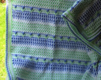 White, Green and Lilac Flower Hand Crocheted Baby Blanket/Afghan