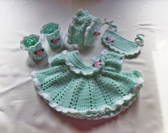 Baby Green and White Crocheted Baby Dress, Bonnet, Booties and Bib 0 to 3 Mos.