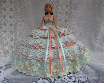 SALE!  OOAK Aqua and Apricot Hand Crocheted  and Imported Lace Barbie Bed Pillow Doll