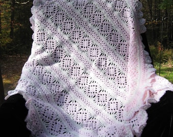 Pink and White Filigree Hand Crocheted Baby Afghan/Crib Blanket