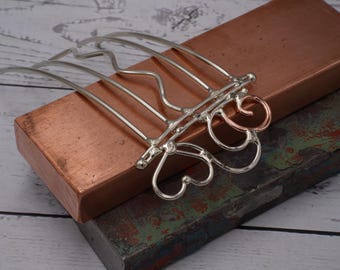 Handmade Heart in the Clouds Hair Comb in Silver & Copper