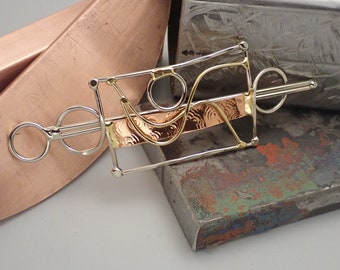 Abstract Copper, Silver, and Brass Hair Barrette with Stick
