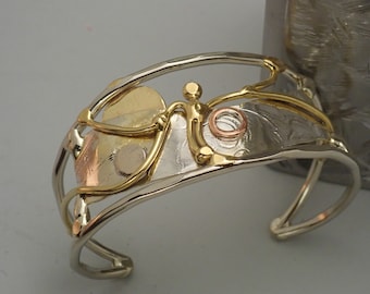 Malerisches Statement Manschette Armband in Silber, Bronze, & Kupfer