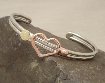 Silver, Copper, & Bronze Heart Cuff Bracelet