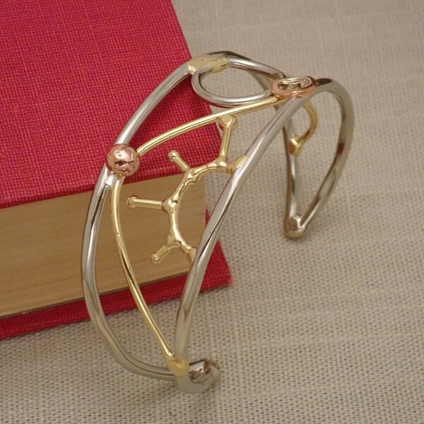 Bracelet manchette effet rayon de soleil fait main pour femme en argent, bronze et cuivre
