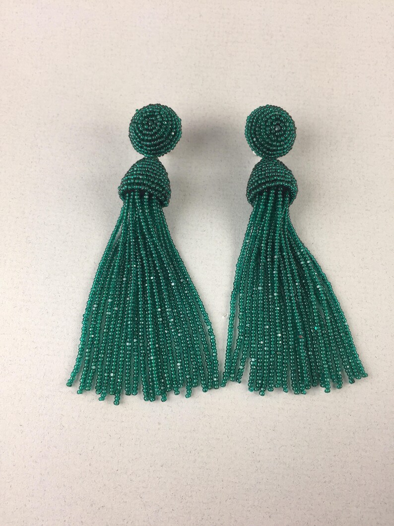 Tassel Earrings Beaded Tassels Emerald green beaded tassels Etsy