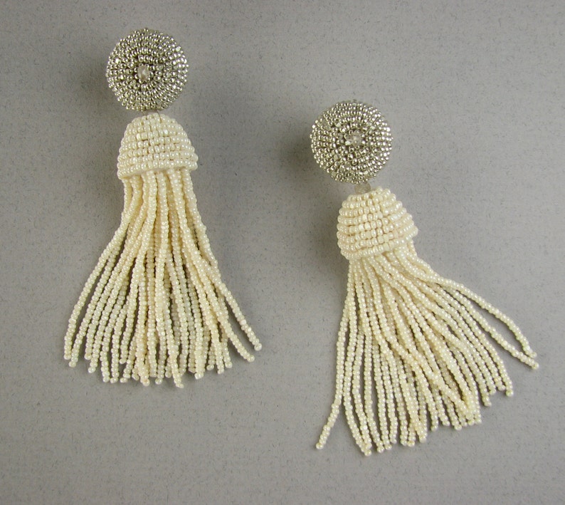 Tassel Earrings Cream and silver tassel earrings wedding Etsy