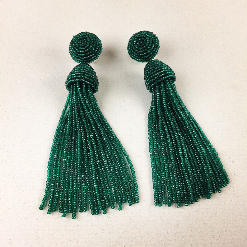 Tassel Earrings Beaded Tassels Emerald green beaded tassels Etsy
