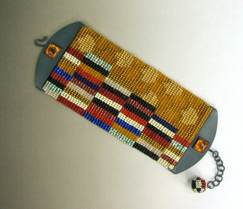 Klimt Bracelet Amber Beadwork Cuff Loom Work Image 0