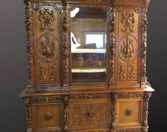 Grand Meuble Buffet De Chasse Meuble Vitrine Sculpté Renaissance Fin 19ème armoire