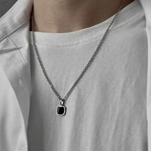 Tide Brand Street Dance Hip-hop Black Square Pendant Necklace - Personality in Stainless Steel Accessories