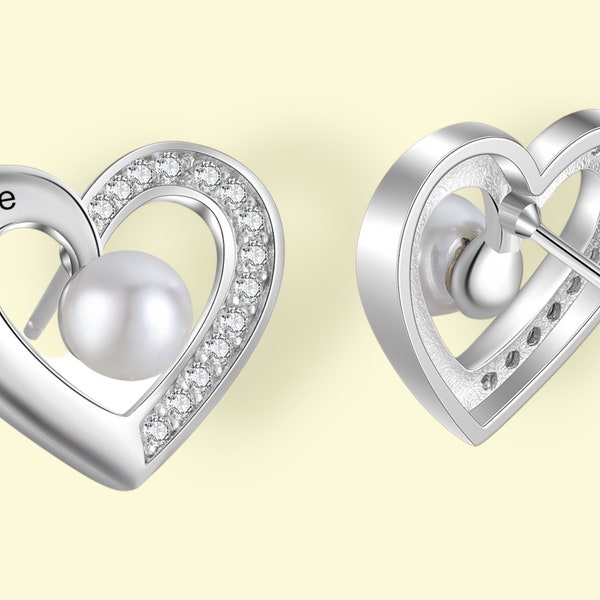 Custom Heart Stud Earrings with Pearl Accents