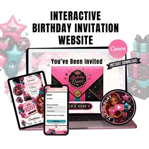 Interactive Birthday Website Invitation with Music, RSVP Form & Countdown | Pink Black Turquoise Birthday Invite | Digital Party Website