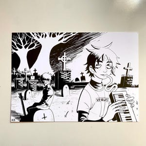 May include: Black and white illustration featuring two figures in a graveyard setting. One figure sits on a tombstone, while the other plays a keyboard. The word "VIRUS" is visible on the shirt of the figure playing the keyboard.