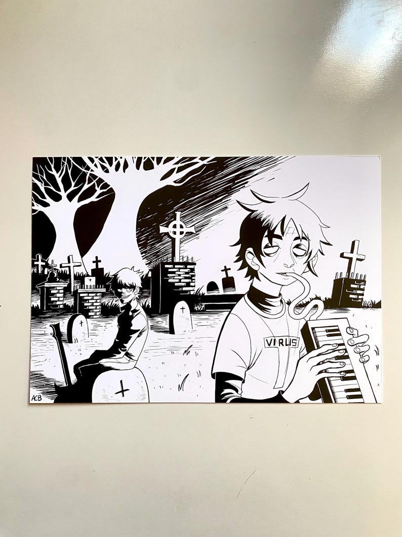 May include: Black and white illustration featuring two figures in a graveyard setting. One figure sits on a tombstone, while the other plays a keyboard. The word "VIRUS" is visible on the shirt of the figure playing the keyboard.