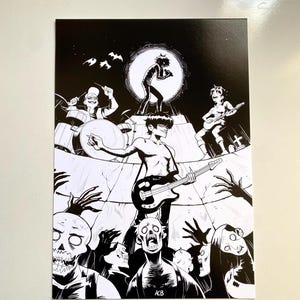 May include: Black and white illustration of a band performing on stage, surrounded by zombies. The band members are playing drums, guitar, and bass. The artwork has a comic book style with a dark, gothic theme.