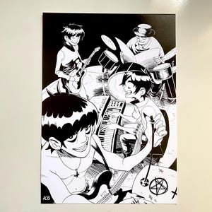 May include: Black and white illustration of a band performing. The image features four cartoon figures playing instruments: guitar, drums, and keyboard. The artwork has a comic book style with bold lines and shading.