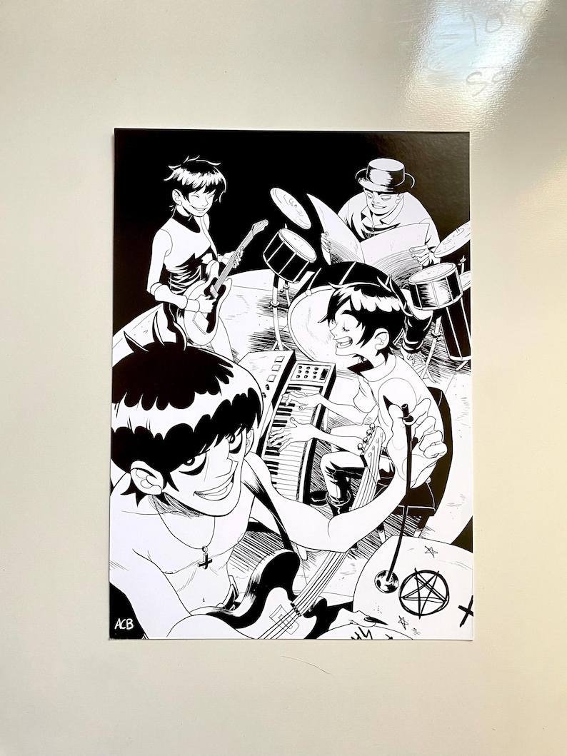 May include: Black and white illustration of a band performing. The image features four cartoon figures playing instruments: guitar, drums, and keyboard. The artwork has a comic book style with bold lines and shading.
