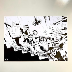 May include: Black and white comic art print depicting a group of people running down a staircase, pursued by zombie-like figures. The artwork features dynamic lines and shading, with the initials "ACB" in the lower left corner.