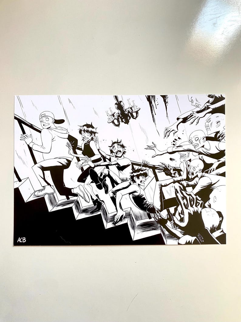 May include: Black and white comic art print depicting a group of people running down a staircase, pursued by zombie-like figures. The artwork features dynamic lines and shading, with the initials "ACB" in the lower left corner.