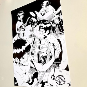 May include: Black and white illustration of a band performing. The image features a drummer, keyboardist, and two guitarists. The band members are drawn in a cartoon style, with a pentagram and other symbols on the instruments.