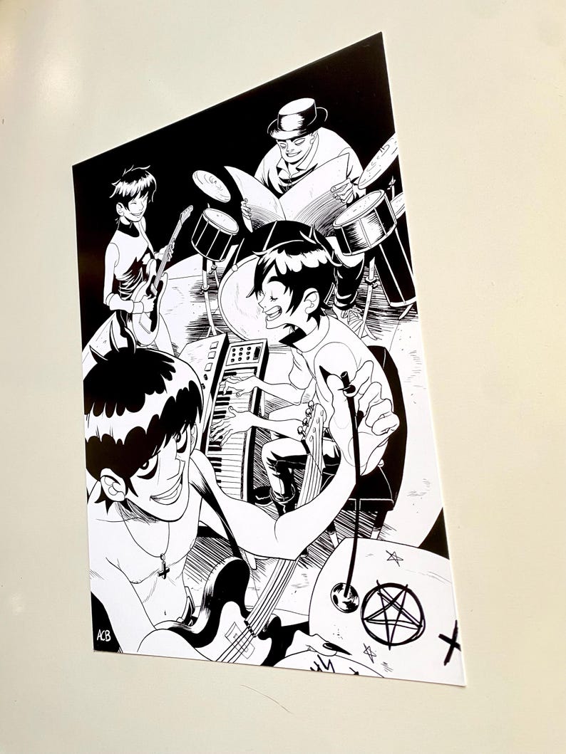 May include: Black and white illustration of a band performing. The image features a drummer, keyboardist, and two guitarists. The band members are drawn in a cartoon style, with a pentagram and other symbols on the instruments.