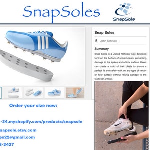 May include: Light blue and white athletic cleats with a detachable sole, showcasing the SnapSoles product. The image includes the SnapSoles logo and the text "SnapSoles". The product is designed to fit on the bottom of spiked cleats.