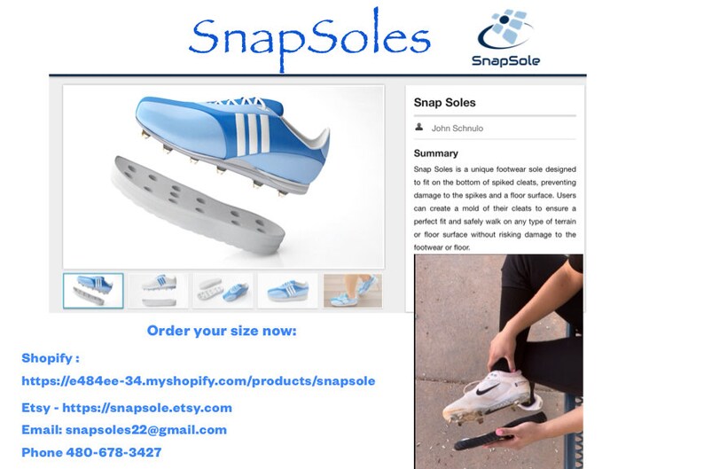 May include: Light blue and white athletic cleats with a detachable sole, showcasing the SnapSoles product. The image includes the SnapSoles logo and the text "SnapSoles". The product is designed to fit on the bottom of spiked cleats.