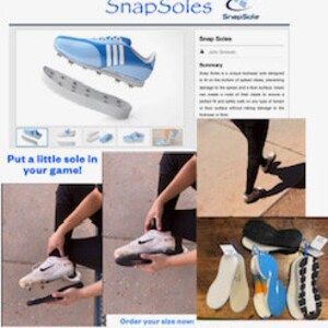 May include: An advertisement for SnapSoles featuring images of blue and white athletic shoes and insoles. The text "SnapSoles" is at the top, with the tagline "Put a little sole in your game!" below. Additional images show the insoles in use.