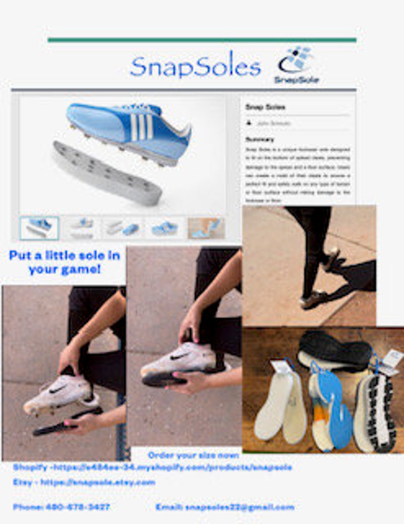 May include: An advertisement for SnapSoles featuring images of blue and white athletic shoes and insoles. The text "SnapSoles" is at the top, with the tagline "Put a little sole in your game!" below. Additional images show the insoles in use.